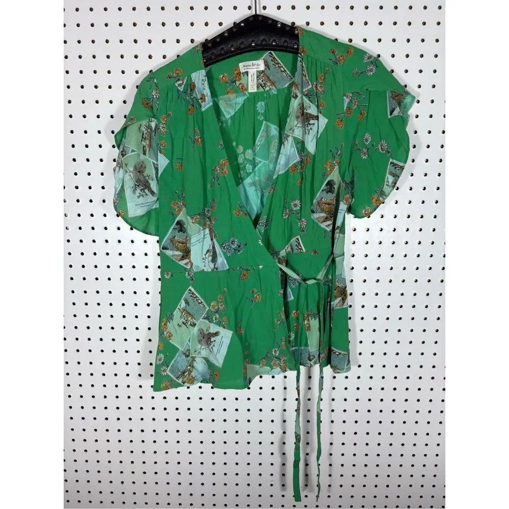 Anthropologie Meadow Rue Bon Voyage Blouse Wrap Top Green Size 8
